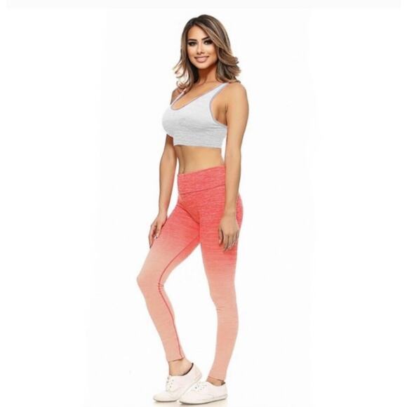 Yelete Women's Stretchy High Fold Over Waist Leggings Coral Ombre Size Small - Picture 3 of 8